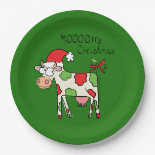 Christmas Cow Funny Cartoon Kids Paper Plates