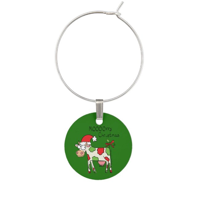 Christmas Cow Funny Cartoon Kids Wine Charm (Front)