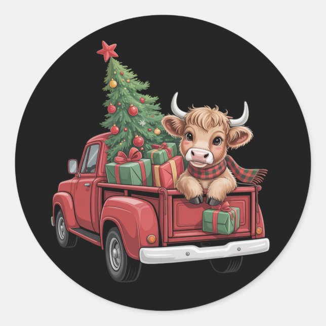 Christmas Cow  Highland Cow in Truck Farm Xmas  Classic Round Sticker (Front)