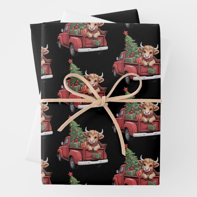 Christmas Cow  Highland Cow in Truck Farm Xmas  Wrapping Paper Sheets (In situ)