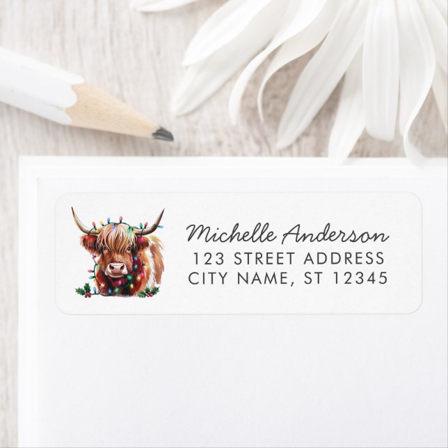 Christmas Cow Highland in Santa Hat Return Address Label (Insitu)