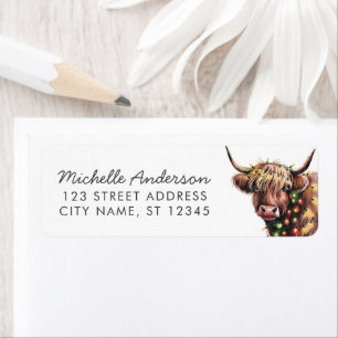 Christmas Cow Highland in Santa Hat Return Address Label