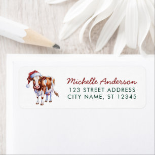 Christmas Cow Highland in Santa Hat Return Address Label