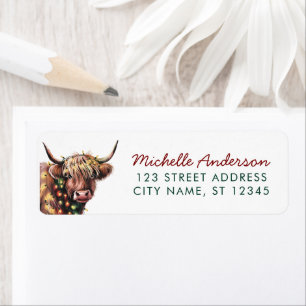 Christmas Cow Highland in Santa Hat Return Address Label