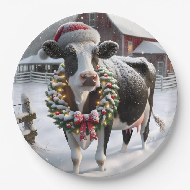 Christmas Cow In Barnyard Paper Plates (Front)
