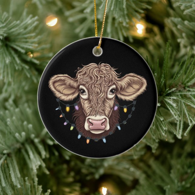 Christmas Cow Lover Lights Farm Farmer Xmas Ceramic Ornament (Tree)