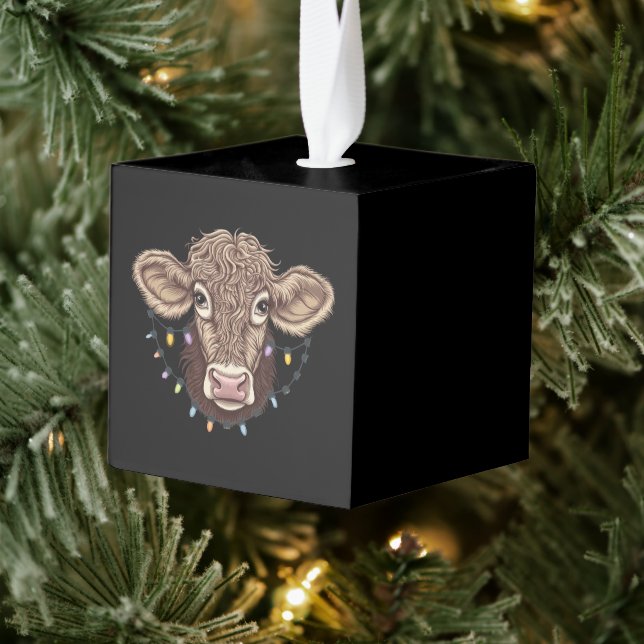 Christmas Cow Lover Lights Farm Farmer Xmas Cube Ornament (Tree)