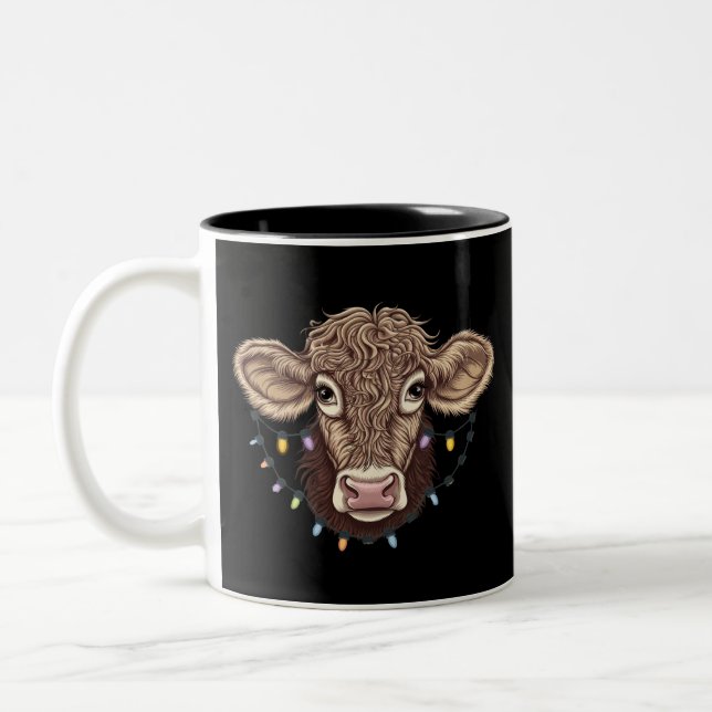 Christmas Cow Lover Lights Farm Farmer Xmas Two-Tone Coffee Mug (Left)