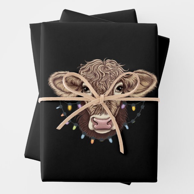 Christmas Cow Lover Lights Farm Farmer Xmas Wrapping Paper Sheets (In situ)