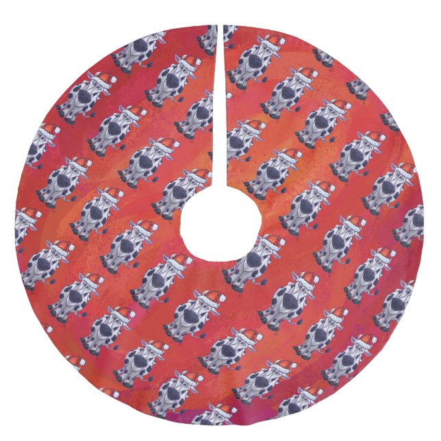 Christmas Cow Pattern on Red Field Brushed Polyester Tree Skirt (Front)