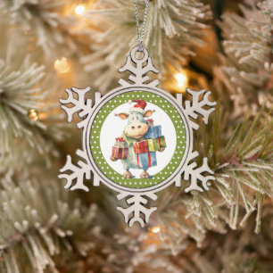 Christmas Cow Pun Snowflake Pewter Christmas Ornament