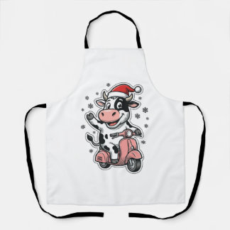Christmas Cow Riding Pink Scooter Vintage Vector_1 Apron