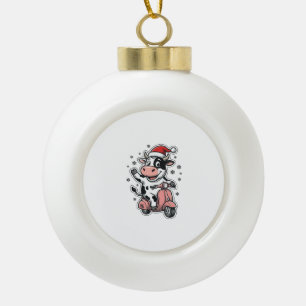 Christmas Cow Riding Pink Scooter Vintage Vector_1 Ceramic Ball Christmas Ornament