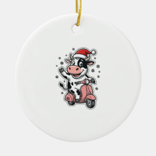 Christmas Cow Riding Pink Scooter Vintage Vector_1 Ceramic Ornament