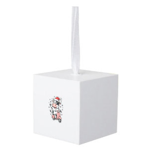 Christmas Cow Riding Pink Scooter Vintage Vector_1 Cube Ornament
