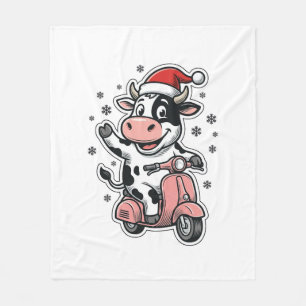 Christmas Cow Riding Pink Scooter Vintage Vector_1 Fleece Blanket
