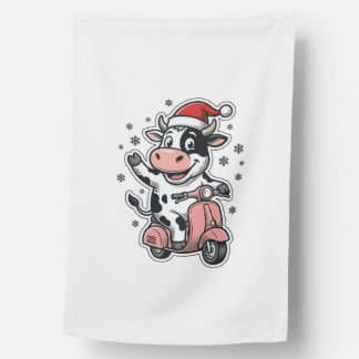 Christmas Cow Riding Pink Scooter Vintage Vector_1 House Flag