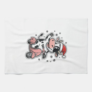 Christmas Cow Riding Pink Scooter Vintage Vector_1 Kitchen Towel