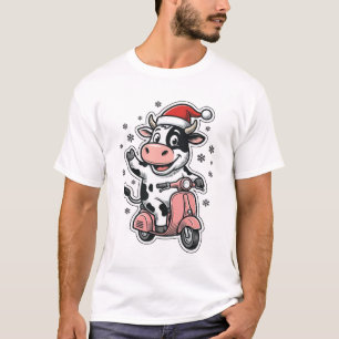 Christmas Cow Riding Pink Scooter Vintage Vector_1 T-Shirt