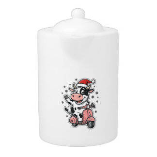 Christmas Cow Riding Pink Scooter Vintage Vector_1 Teapot
