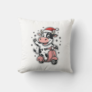 Christmas Cow Riding Pink Scooter Vintage Vector_1 Throw Pillow