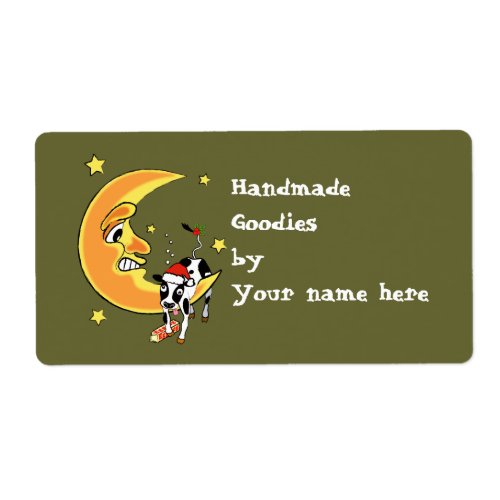 Christmas cow slumped over the moon label