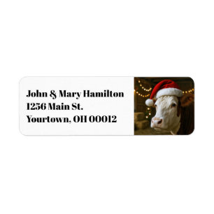 Christmas Cow Wearing a Santa Hat Label