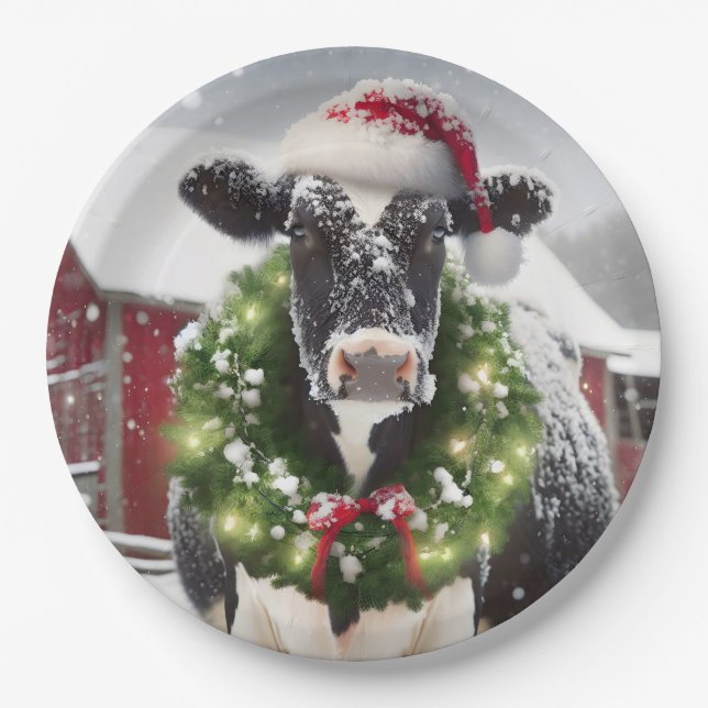 Christmas Cow Wearing a Wreath Paper Plates (Front)