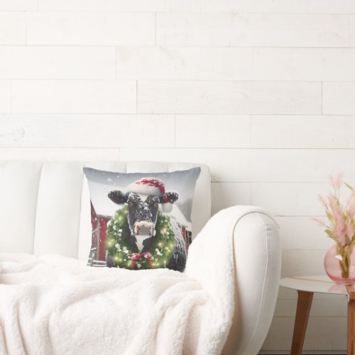 Christmas Cow Wearing a Wreath Throw Pillow