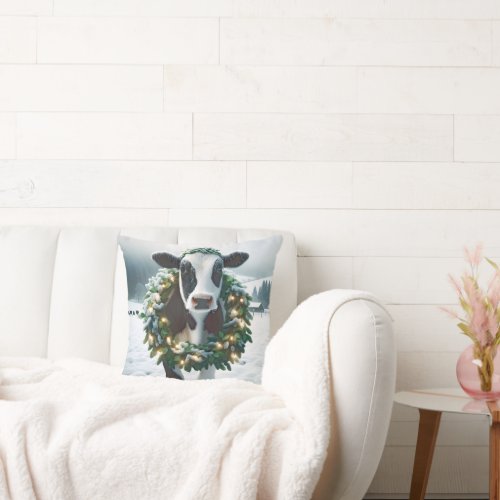 Christmas Cow Wearing a Wreath Throw Pillow