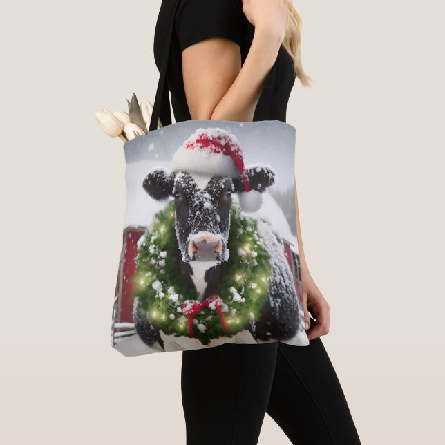 Christmas Cow Wearing a Wreath Tote Bag (Close Up)