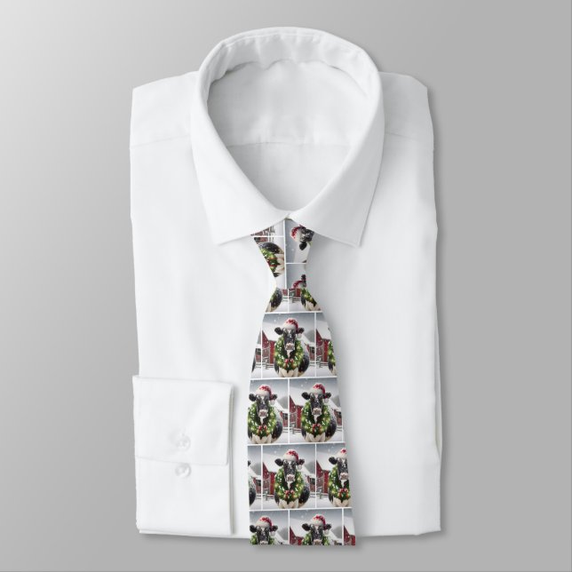 Christmas Cow Wearing Holiday Wreath Neck Tie (Tied)