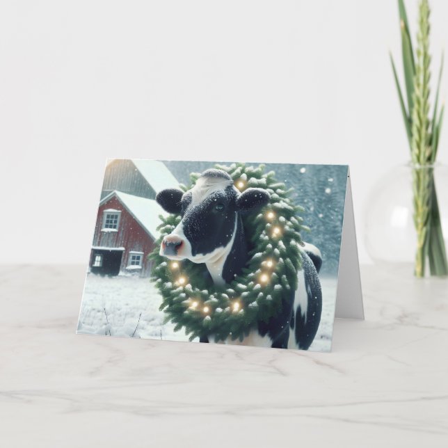 Christmas Cow With Glowing Wreath Holiday Card (Front)