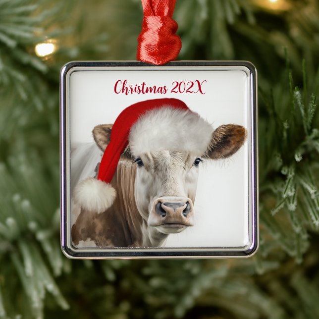 Christmas Cow with Santa Hat Metal Ornament (Tree)