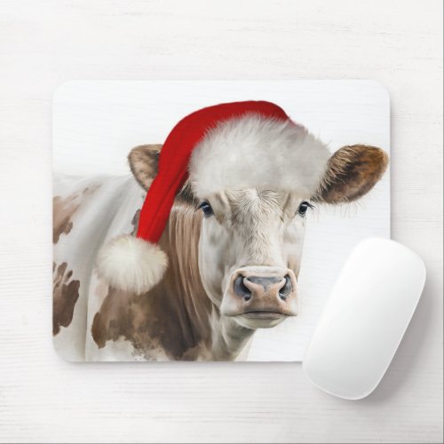Christmas Cow with Santa Hat Mouse Pad