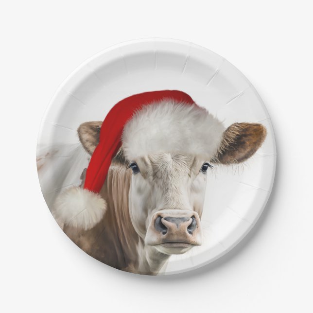 Christmas Cow with Santa Hat Paper Plates (Front)
