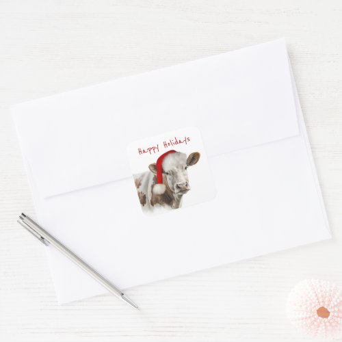 Christmas Cow with Santa Hat Square Sticker