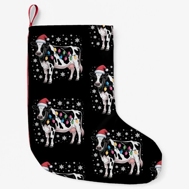 Christmas Cow Xmas Lights Santa Hat Farm Holiday Small Christmas Stocking (Front)