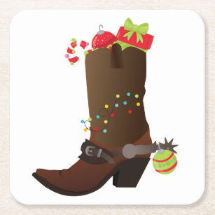 Christmas Cowboy boot Southwestern Western Square Paper Coaster