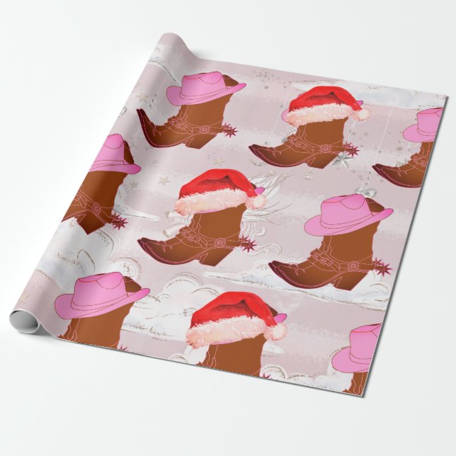  Christmas Cowboy Cowgirl Rustic Pink   Wrapping Paper (Unrolled)