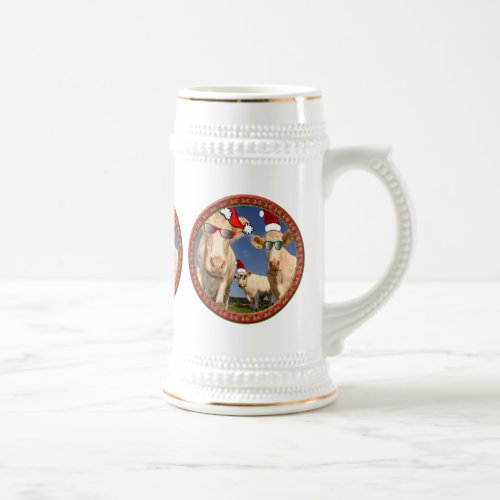 Christmas cows with glasses on and red Santa hats Beer Stein