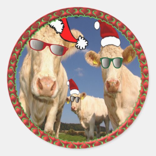 Christmas cows with glasses on and red Santa hats Classic Round Sticker