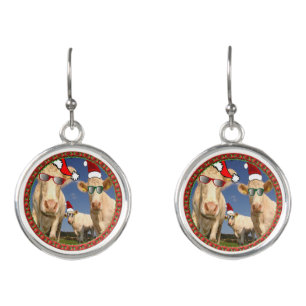 Christmas cows with glasses on and red Santa hats Earrings