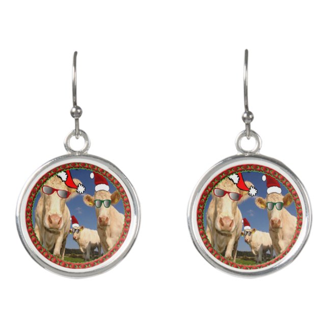 Christmas cows with glasses on and red Santa hats Earrings (Front)