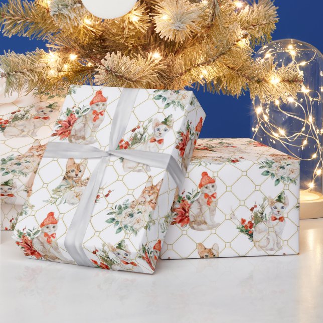 Christmas Cozy pattern with Cats & flowers  Wrapping Paper (Holidays)