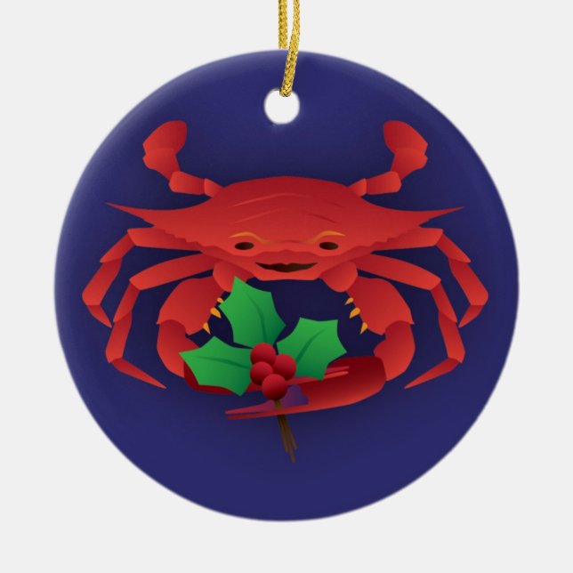 Christmas Crab with Holly Ceramic Ornament (Front)