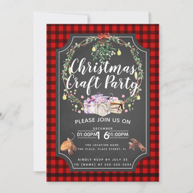 Christmas craft party fundraiser event plaid invitation (Front)