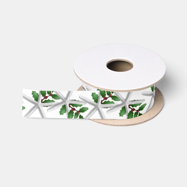 Christmas Crafts Starfish and Holly White Satin Ribbon (Spool)