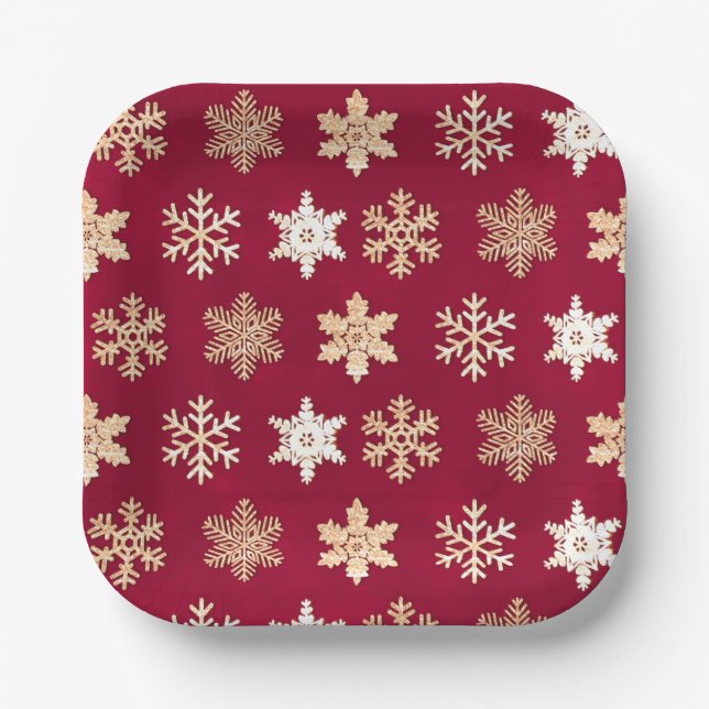Christmas cranberry gold snowflakes paper plates (Front)