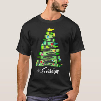Christmas Crayon 1st Teacher Tree Best Christmas T-Shirt